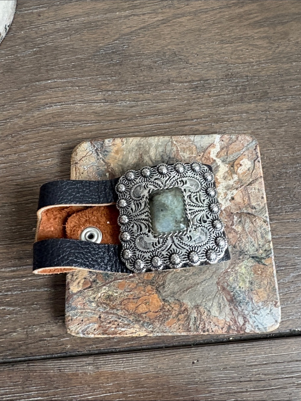 Black Leather Bracelet with Ornate Silver-Tone Concho and Green Stone